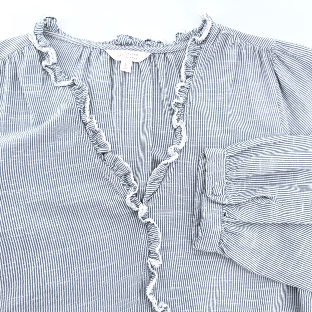 LC Lauren Conrad Blouse Womens Large Blue White Ruffle V-Neck Pinstripe Top